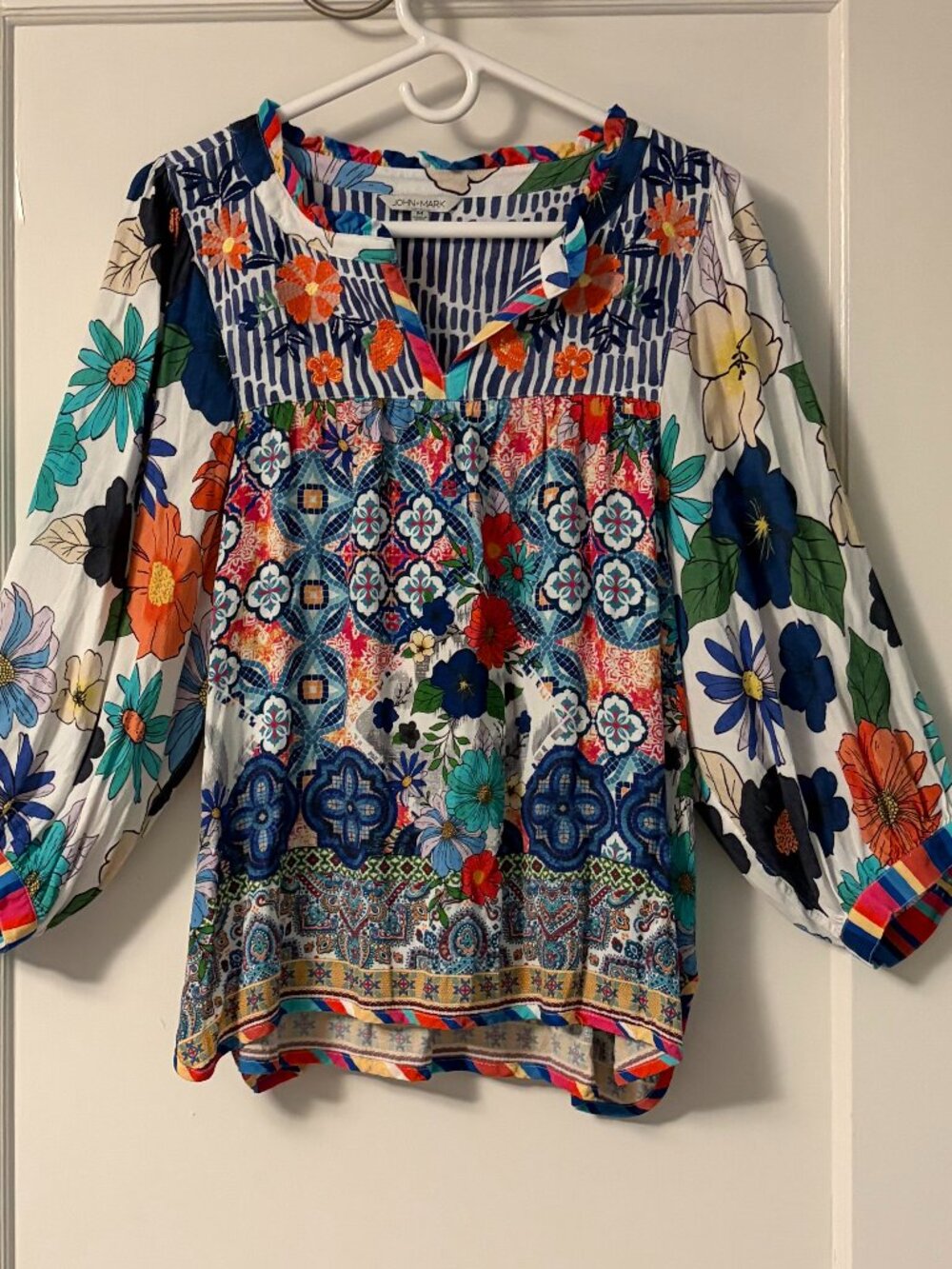 John Mark mixed print popover blouse 3/4 sleeve floral colorful boho maximalist